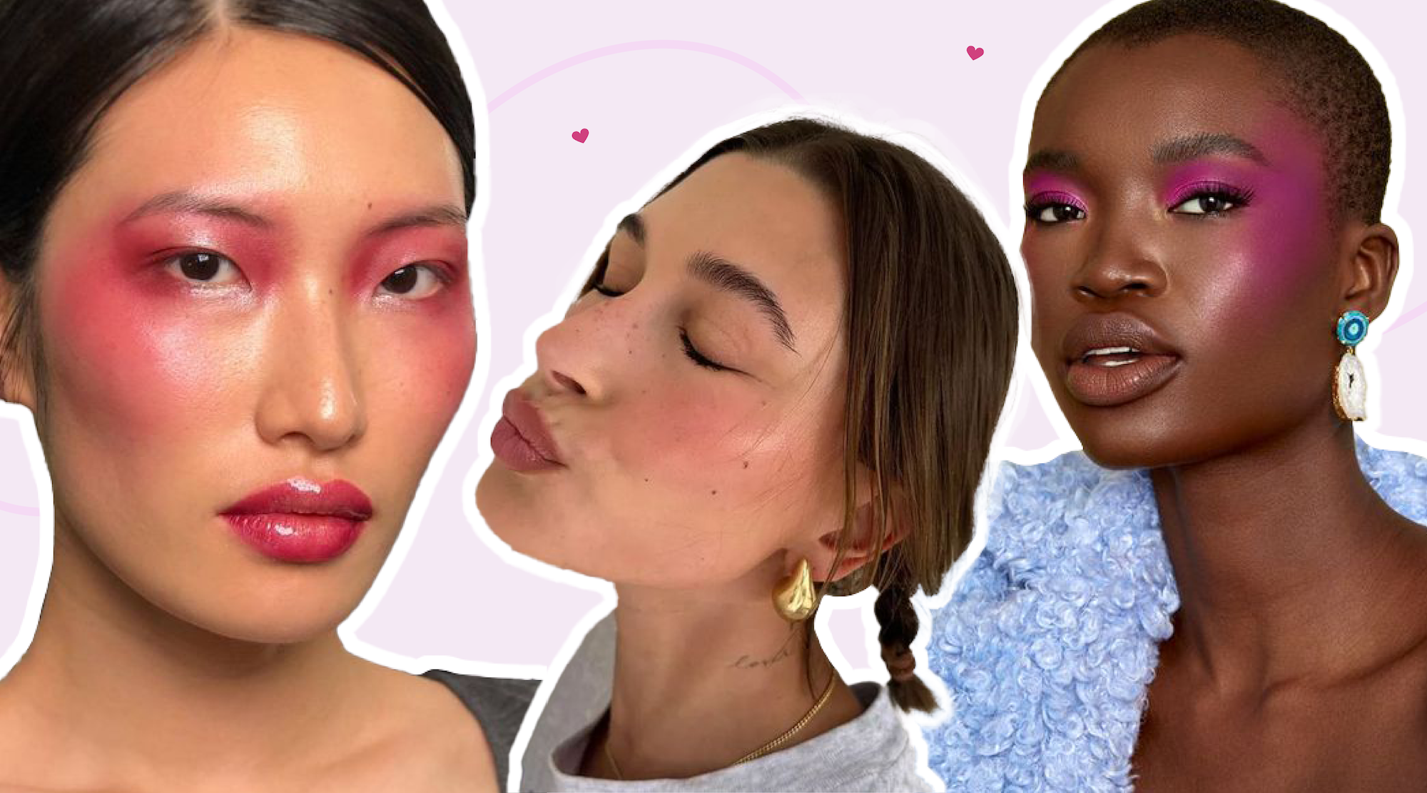3 women wearing different shades of blush on a light purple background