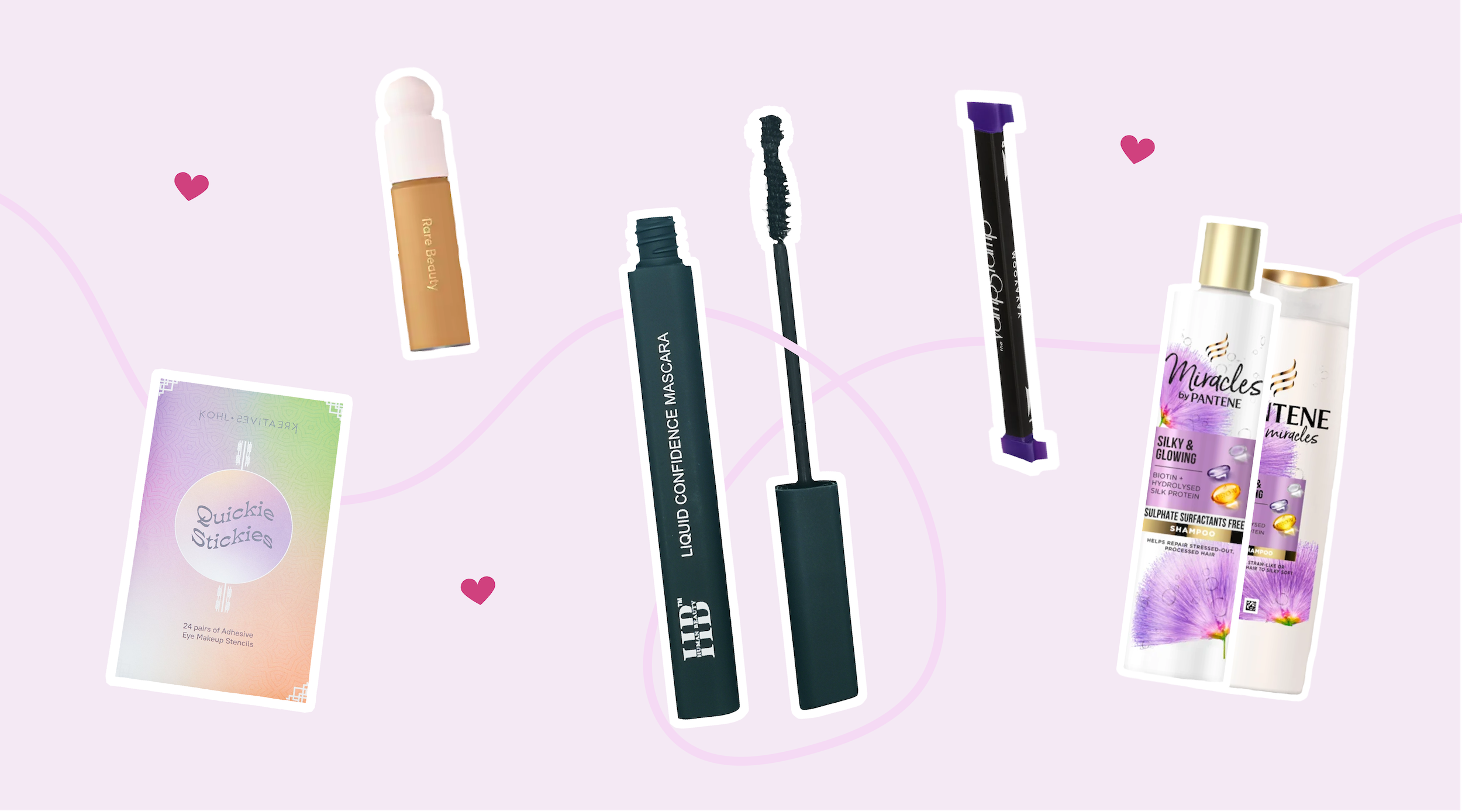 Header picture of differents products on a light purple background including the Makeup Therapy Liquid Confidence Mascara, the Rare Beauty foundation, The Kohl creatives stickers, the Vamp Stamp Va Va Voom stamp, and the Pantene silk and glowing line
