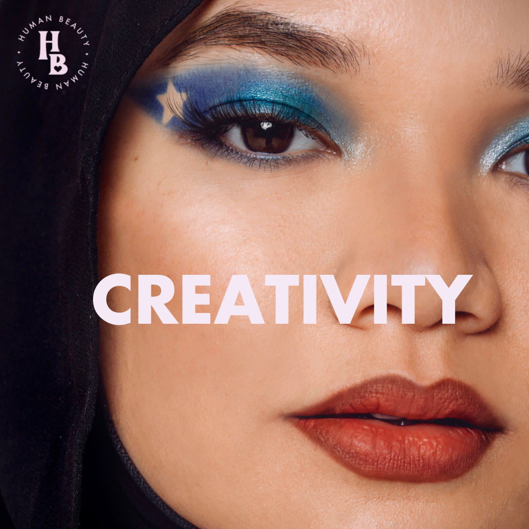 Closeup of a woman wearing a hijab and a shimmery blue eyeshadow look. Text says "Creativity"