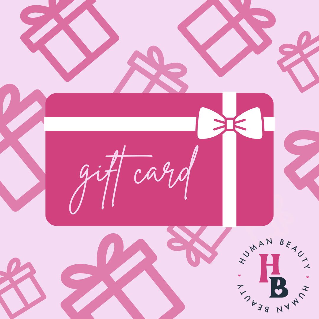 Graphic of the Human Beauty Digital Giftcard. The image is a light pink background with presents with a dark pink giftcard in the middle.