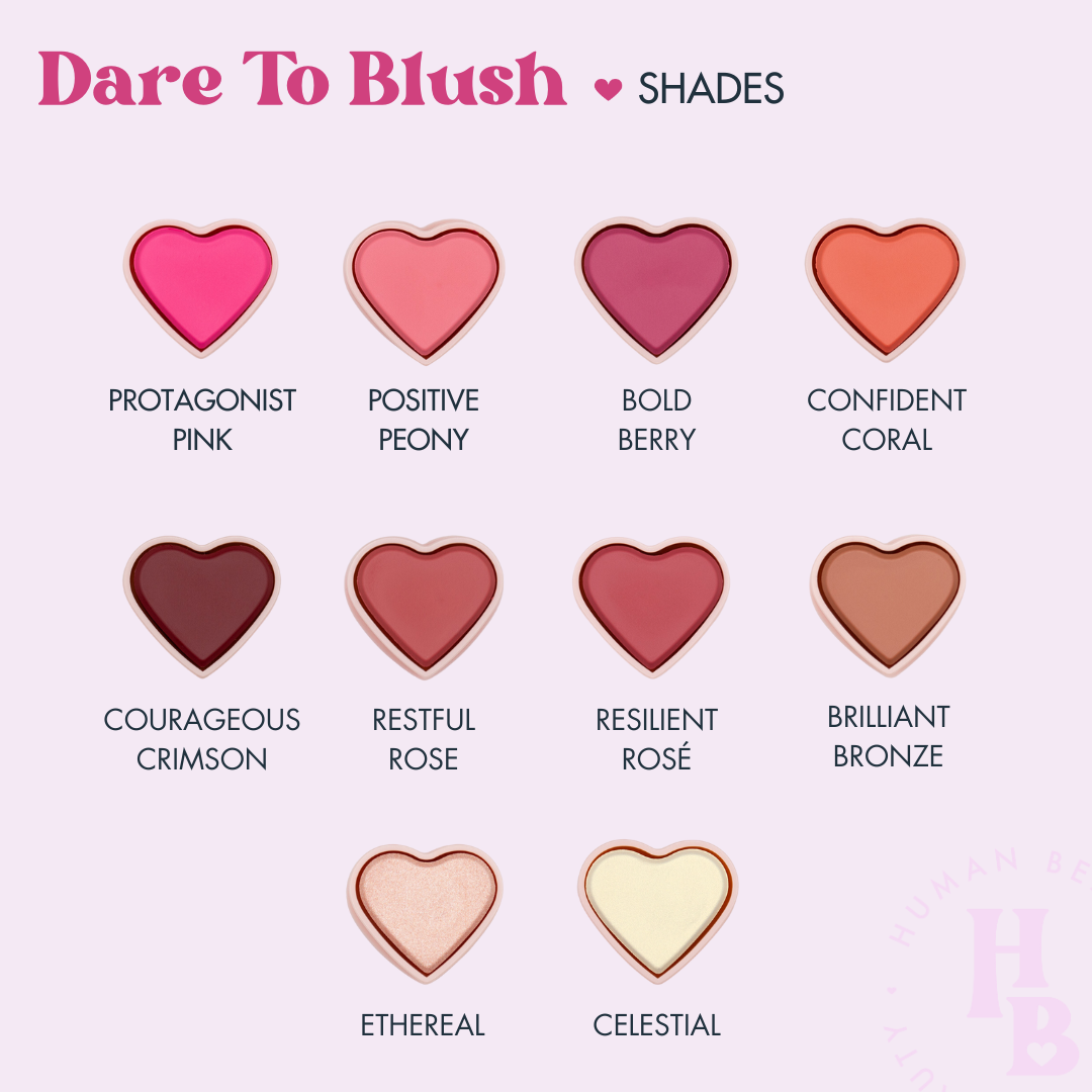 the dare to blush shades as they look seen from the top in the heart packaging, including shades protagonist pink, positive peony, bold berry, confident coral, courageous crimson, restful rose, resilient rose, brilliant bronze, ethereal, and celestial