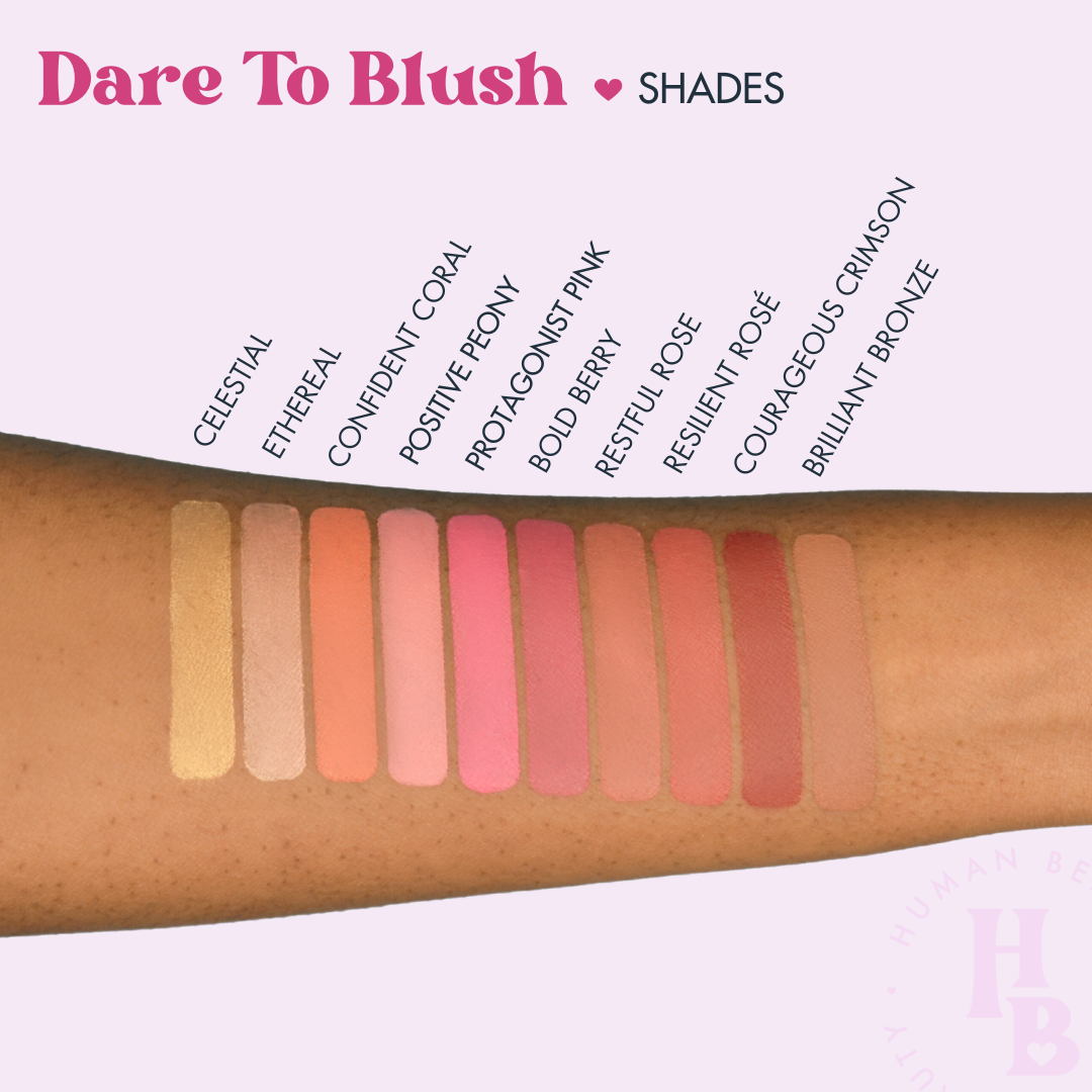 the dare to blush shades swatched on dark skin, including shades protagonist pink, positive peony, bold berry, confident coral, courageous crimson, restful rose, resilient rose, brilliant bronze, ethereal, and celestial