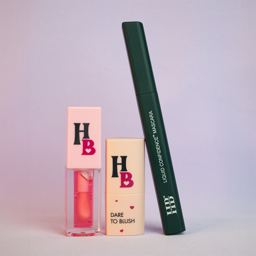A Liquid Confidence Mascara, a Dare To Blush heart-shaped blush stick and a You&