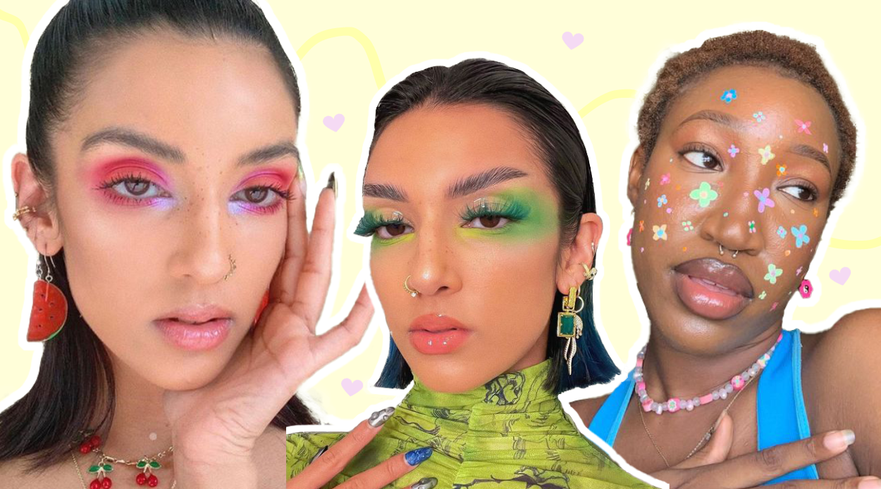 Headshots of three women on a yellow background, one in a smokey pink eyeshadow look, the next in a diffused green eyeshadow look, the last one has multicoloured flowers all over their face