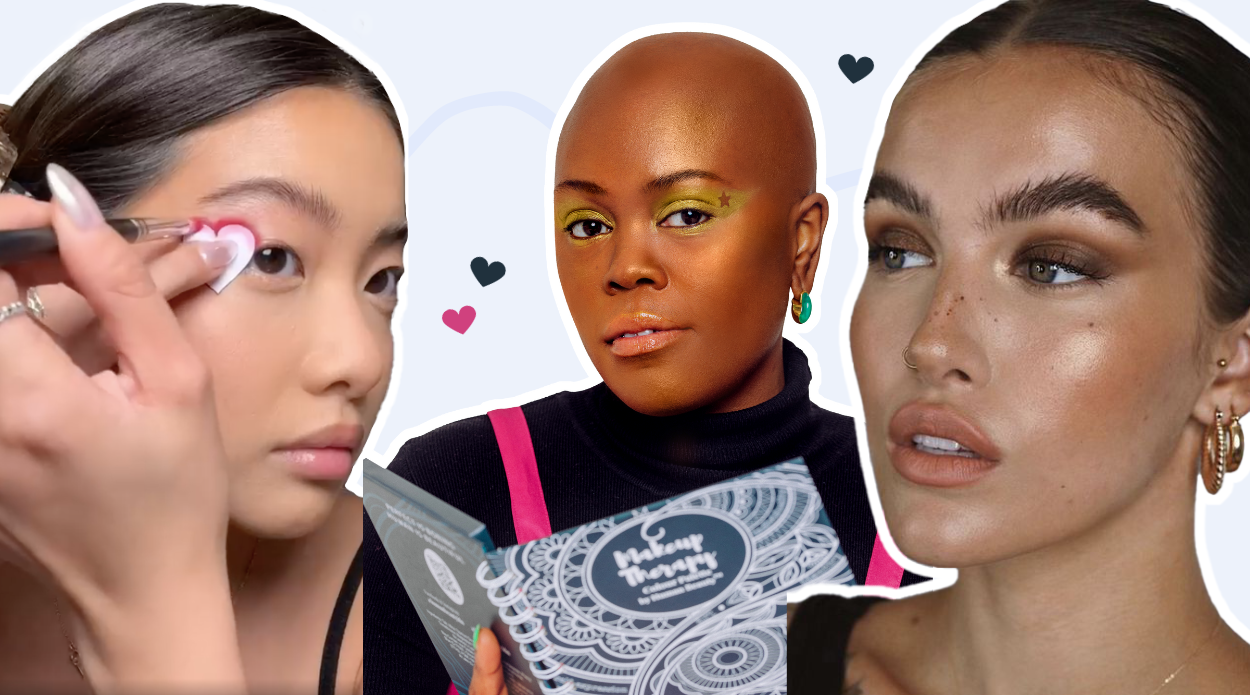 Three images (left to right), a woman placing pink eyeshadow around a heart stencil to on the outer corner of her eye, Gina (a Human Beauty model) wearing gold eyeshadow, holding the Makeup Therapy Palette , a woman wearing a smoky brown eyeshadow look