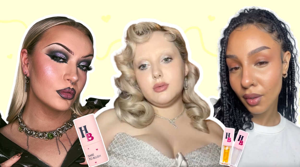 Three women wearing the Human Beauty Dare To Blush stick and You Got This! Lip Oil. (left-right)one with grey eyeshadow and a dark lip gloss, the next has pinup curls and white shimmery makeup, and the last has warm blush on her cheeks