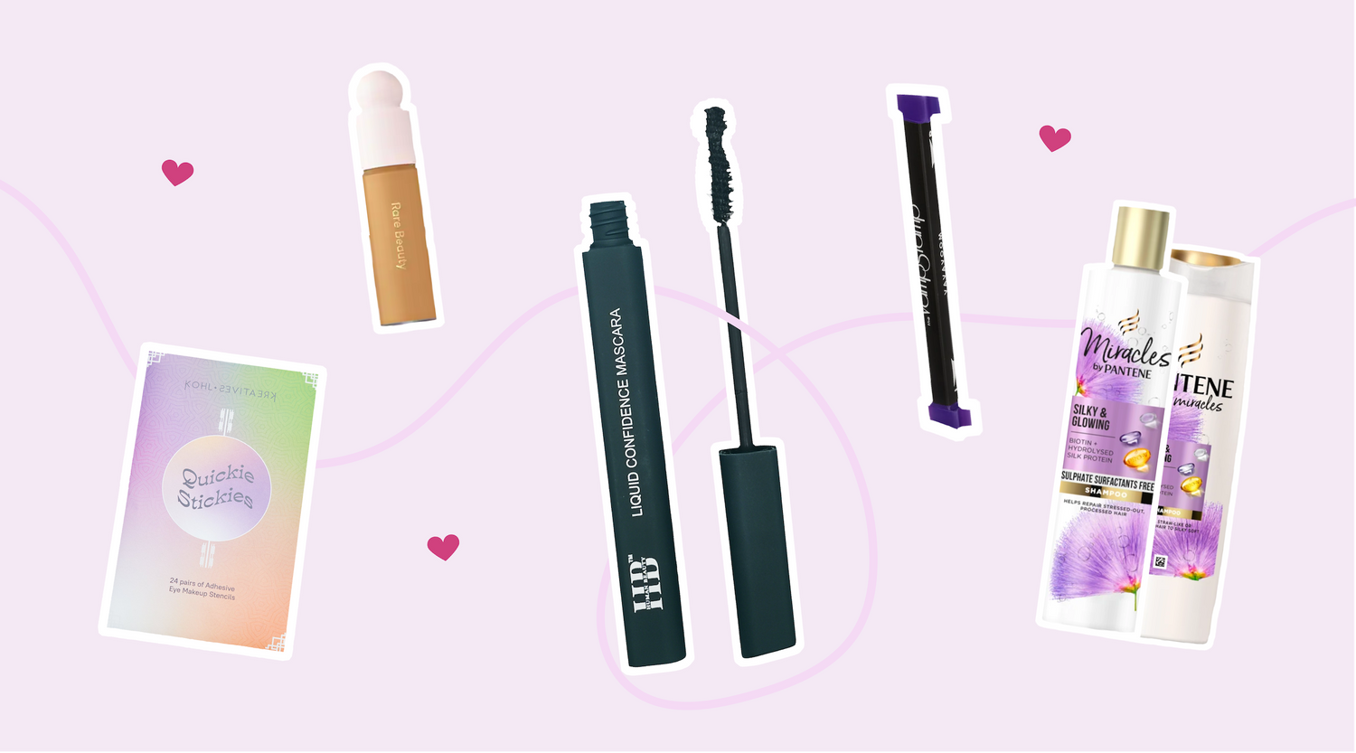 Header picture of differents products on a light purple background including the Makeup Therapy Liquid Confidence Mascara, the Rare Beauty foundation, The Kohl creatives stickers, the Vamp Stamp Va Va Voom stamp, and the Pantene silk and glowing line