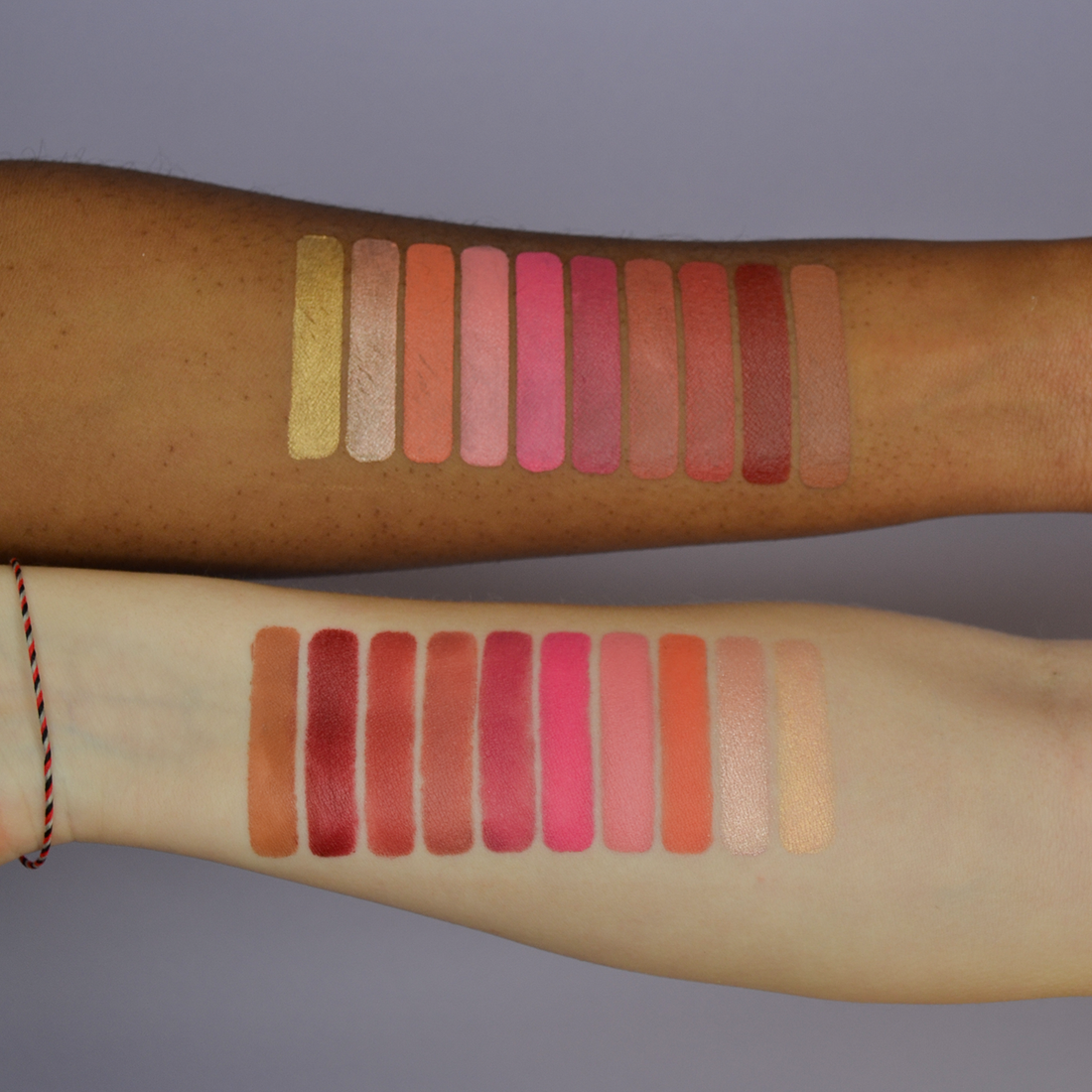 Swatches for the Dare to Blush heart-shaped blush stick on two arms, one with darker skin and one with fair skin