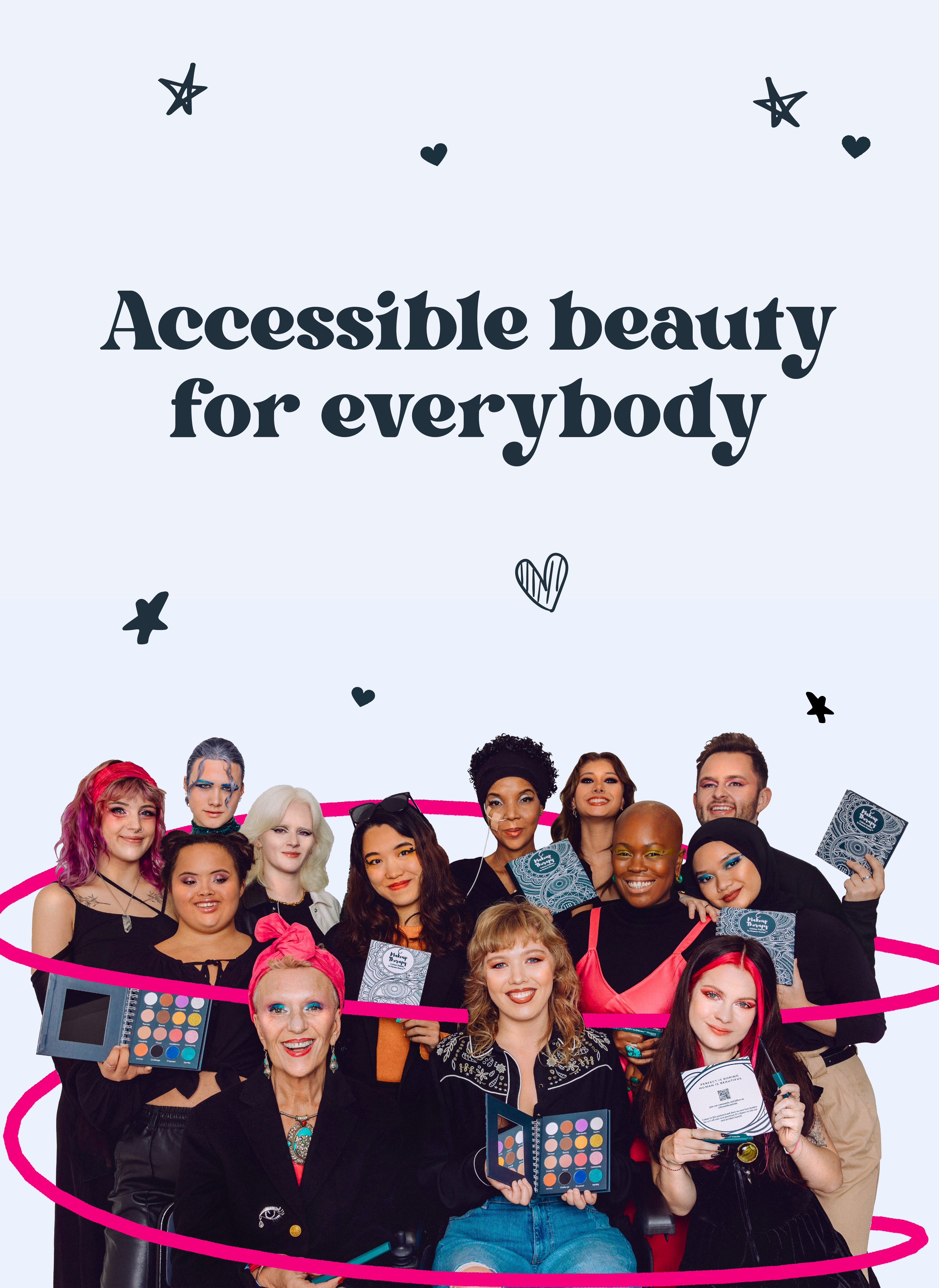 Large visual of all the Human Beauty models gathered together on a light blue background. A text reads "Accessible Beauty for everybody".