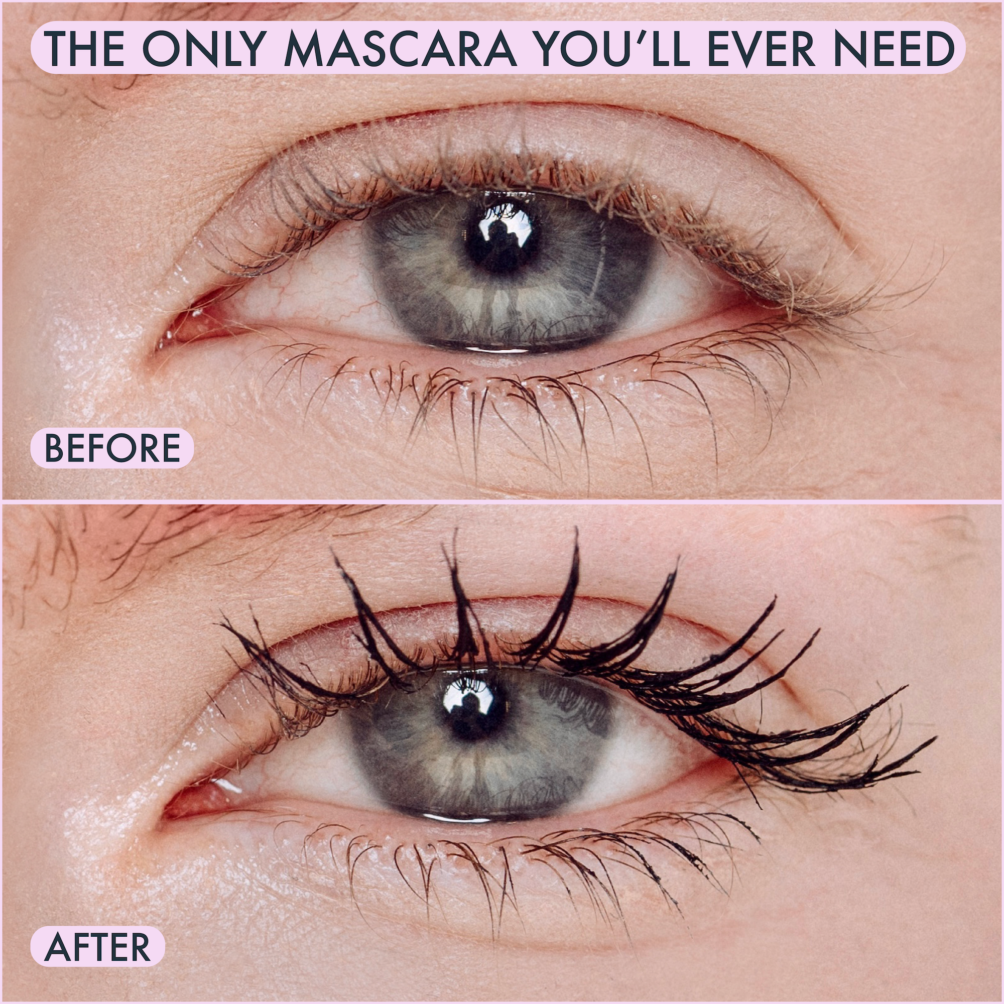 A before and after picture of a eye without and with The Liquid Confidence Mascara with text that reads &quot;The only mascara you&
